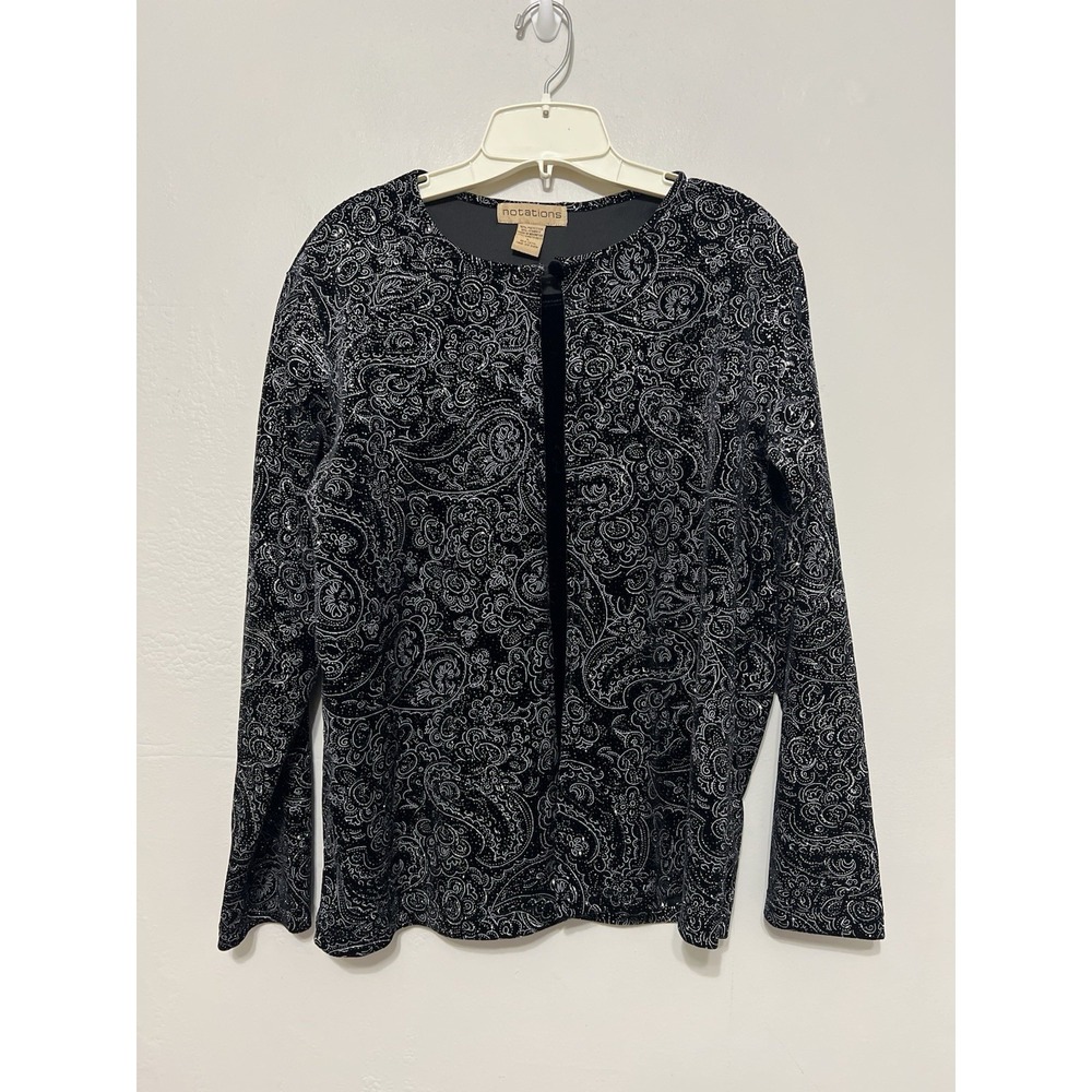 Women's Notations Black Velvet Silver Glitter Design Dressy Blouse Top‎ Large